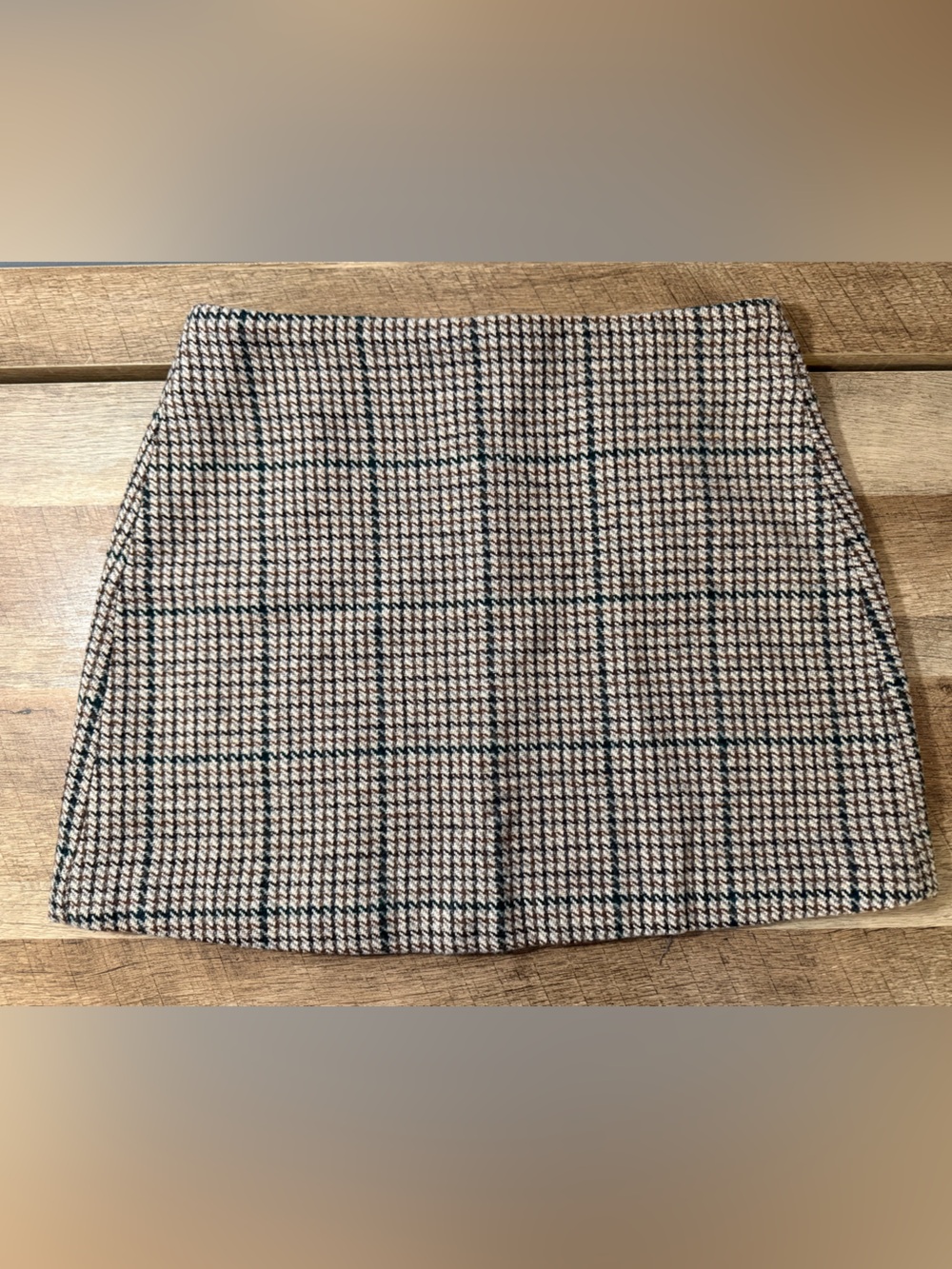 Cider Tan Checked Mini Skirt with Subtle Windowpanes, M